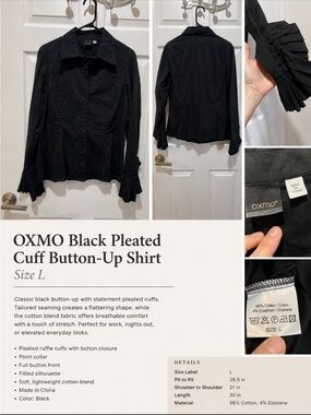Oxmo Cotton Ruffle Cuff Button Front Blouse Black Size L